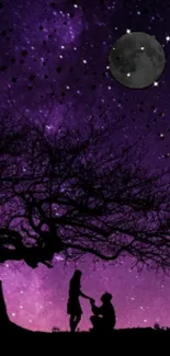 Romantic night sky with silhouetted couple, stars, and purple galaxy.