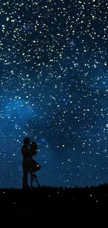 Silhouette of a couple under a starry night sky with tree and landscape.