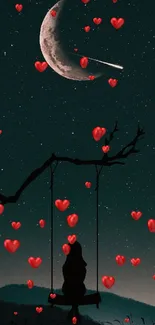 Night sky with a swing silhouette and heart-shaped balloons.