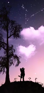 Silhouette couple under starry sky with heart-shaped clouds.