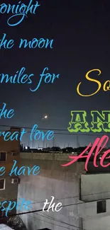 Romantic night sky with moon and text overlay.