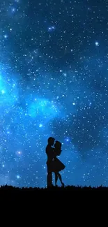 Silhouetted couple under a starry night sky with a cosmic blue backdrop.