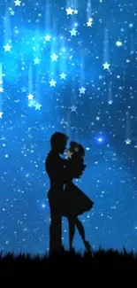 Silhouetted couple merging under a starry night sky.