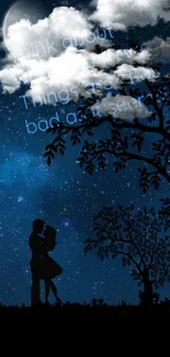 Silhouetted couple under a starry night sky with moonlit clouds.