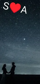 Silhouetted couple under starry night sky with love symbol.