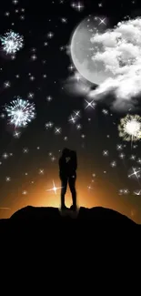 Romantic couple under a starry sky with fireworks and a bright moon.