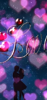 Silhouette couple under a starry night sky with 'Love' text.