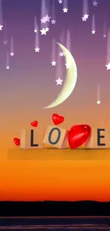 Romantic night sky wallpaper with stars, crescent moon, and LOVE blocks.