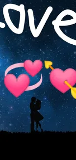 Romantic scene with couple silhouetted against a starry night sky and love symbols.