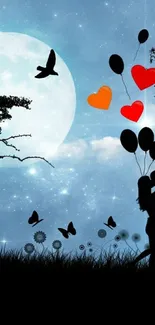 Romantic silhouette couple with balloons under a starry night sky and full moon.