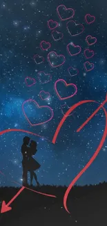 Silhouette couple under a starry sky with hearts and dark blue background.