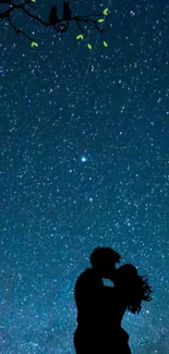 Silhouette couple under a starry night sky with a romantic ambiance.