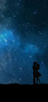 Romantic silhouette under moonlit night sky with stars.