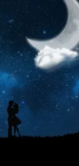 Silhouetted couple under moonlit night sky with stars.