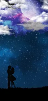 Romantic couple under a starry night sky, clouds and moon.