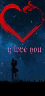 Romantic silhouette under a red heart on a starry night sky wallpaper.