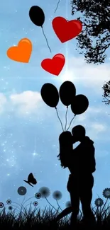 Silhouette couple under balloons in starry night sky wallpaper.