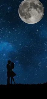 Romantic night sky with a full moon and silhouetted couple.