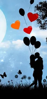 A romantic night sky wallpaper with silhouettes, balloons, and a glowing moon.