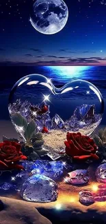 Romantic night wallpaper with heart crystals and roses under moonlit sky.