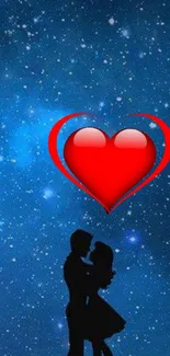 Silhouette couple under a starry sky with red heart symbol.