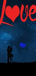 Silhouette couple under starry night with 'Love' text