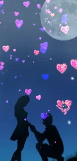 Silhouette couple under moon with heart lights.