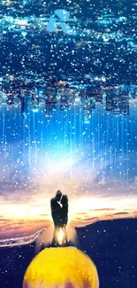 Romantic silhouette in front of a vibrant city skyline at night with stars.