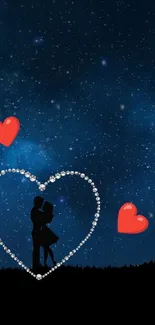 Romantic silhouette couple under starry night sky with glowing heart.