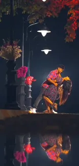 Couple dancing romantically under streetlights with reflections in water.