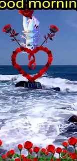 Romantic ocean scene with roses and heart shape.