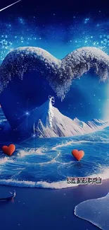 Heart-shaped ice sculpture on ocean waves under a starlit sky.