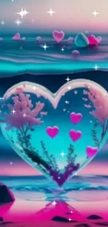 Heart-shaped ocean with floating hearts and sparkles wallpaper.