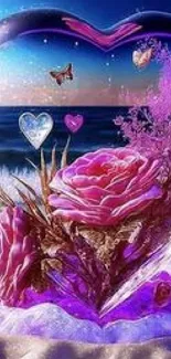 Romantic wallpaper with pink hearts and roses against an ocean background.