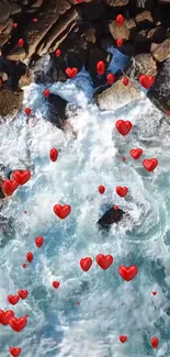 Romantic ocean waves with floating red hearts wallpaper.