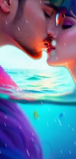 Romantic couple kissing in the ocean with vibrant colors.