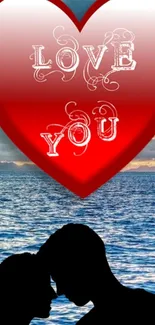 Silhouetted couple with ocean view and a heart displaying 'Love You' text.