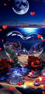 Romantic ocean night scene with moon, red roses, and shining gems.