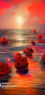 Romantic red roses floating on ocean at sunset.