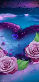 Romantic ocean wallpaper with pink roses and heart shape.