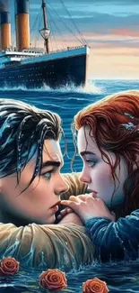 Romantic scene from a classic film on ocean, inspired by Titanic.