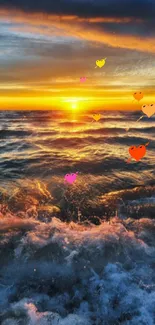 Beautiful ocean sunset with hearts floating above the serene waves.