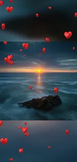 Sunset over ocean with red hearts floating in the sky.