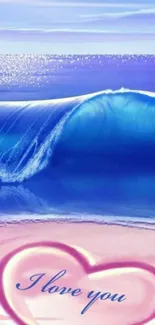 Romantic ocean wave wallpaper with heart and 'I love you' message.