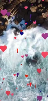 Romantic ocean wave wallpaper with hearts.