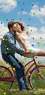 Couple in love riding a bike under a bright blue sky.