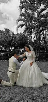 Kneeling groom proposing to bride in a beautiful garden setting.