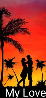 Romantic sunset wallpaper with silhouettes of a couple and palm trees.