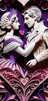 Romantic papercut art with couple in heart, purple background.