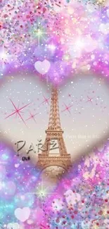 Paris wallpaper with Eiffel Tower in a heart frame amidst colorful sparkles.